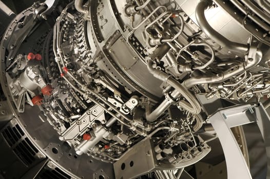 large jet engine detail exposed for maintenance