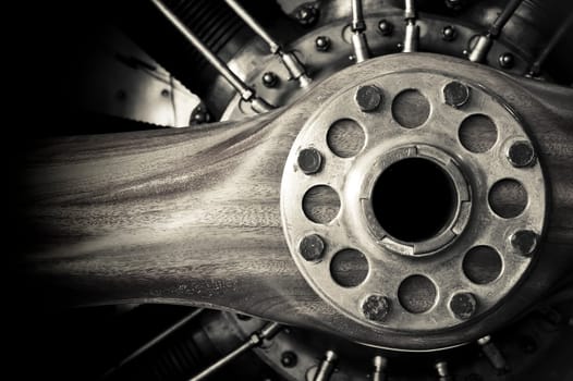 wooden aircraft propeller and engine cylinders