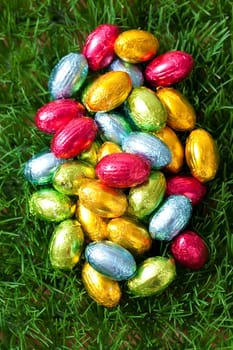 Close-up on chocolate Easter eggs on grass.