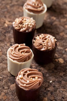 Close-up of delicious chocolate pralines. Studio shot.