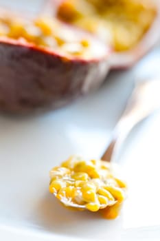 Delicious fresh passion fruit halves. Studio shot.