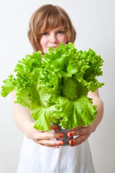 Young caucasian woman holding fresh green lettuce