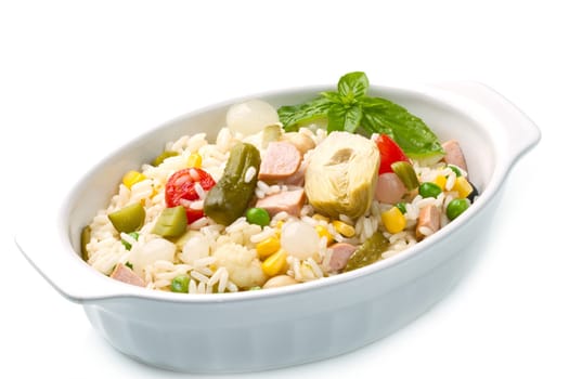 rice salad with tomatoes and pickles
