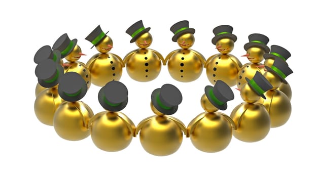 Golden snowman in a circle isolated on white 3d render