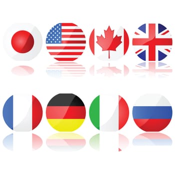 Illustration set showing buttons with the flags of the countries that compose the G-8 (Group of Eight)