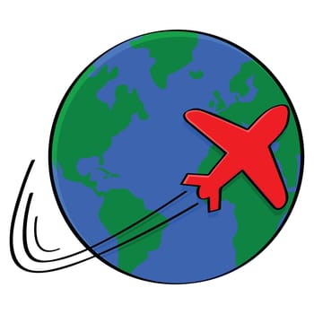 Illustration showing the outline of an airplane going around the world
