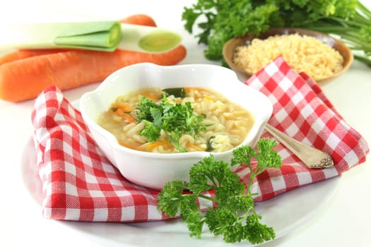 a bowl of noodle soup with parsley