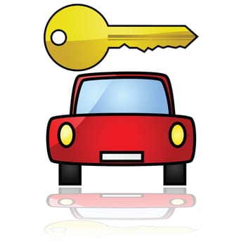 Glossy illustration showing a compact car with a key over it