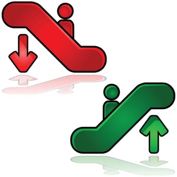 Glossy illustration of escalators signs: one going up and another down