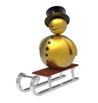 Golden snowman on sledge Christmas decoration isolated on white 3d render