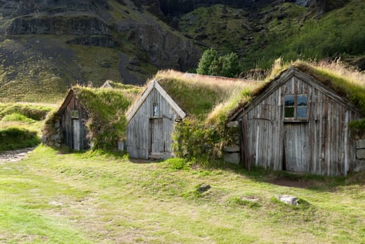 small wooden houses with grass on the roof in iceland