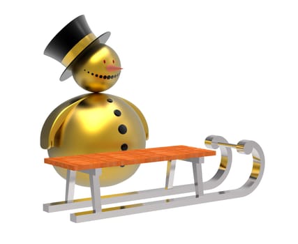 Golden snowman with sledge Christmas decoration isolated on white 3d render