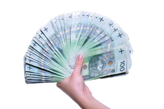 Hand holding man 100 rallies (PLN) banknotes isolated on white background