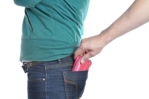 man pulls wallet out of a woman back pocket.