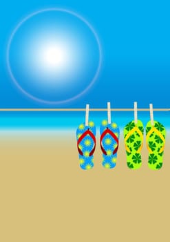 Summer Beach - Hanging Flip-Flops on Empty Sandy Beach