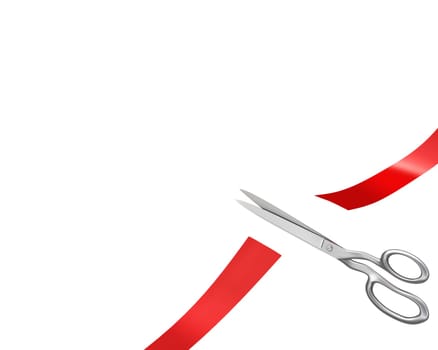 Scissors have cut ribbon, corner version isolated on white background