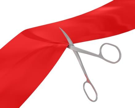 Manicure scissors cut the red ribbon isolated on white background