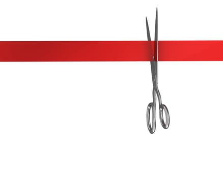 Scissors cut the red ribbon, isolated on white background, top view
