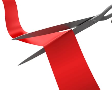 Scissors cut the ribbon closeup isolated on white background