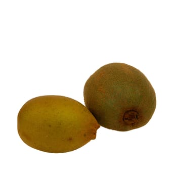 A golden kiwi and a green kiwi as whole fruits