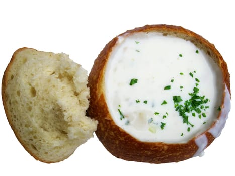 Close-up of a crab soup in a bread bowl