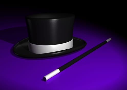 Magic wand with magic hat on purple ground