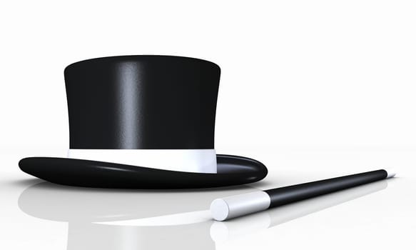 Top hat with magic wand against white background