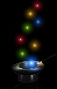 Colorful lights and a magic hat with a magic wand