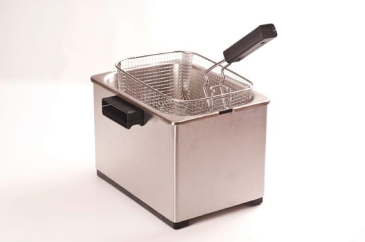 Stainless steel fryer on white background