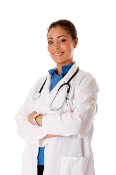 Beautiful attractive happy smiling female doctor physician nurse standing with arms crossed, isolated.
