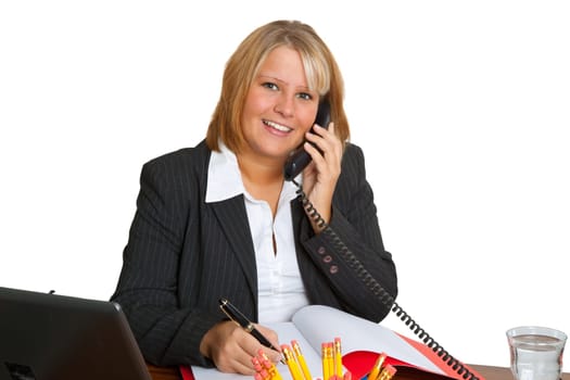Young businesswoman with phone isolated on white background