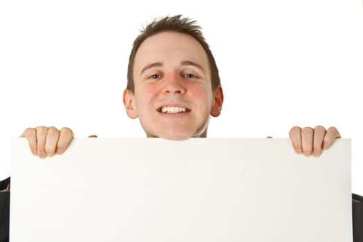 Friendly businessman with white chalkboard