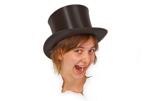 Young woman with chapeau claque looking out of white paper