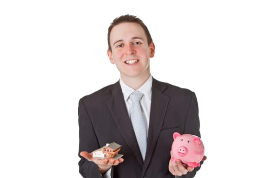 Friendly businessman presenting model house - isolated on white background
