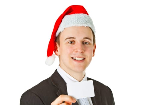 Businessman with Santa hat and business card isolated on white background