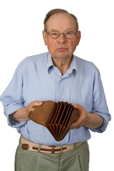 Senior with empty wallet - isolated on white background
