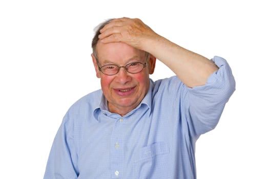Senior holding hand to his forehead - isolated on white background
