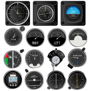 Aircraft instruments, isolated and grouped objects on white