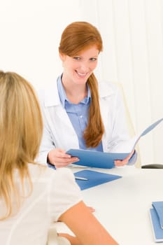 Female medical doctor consultation woman patient sitting in office
