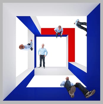 businessman in different position on 3d abstract model