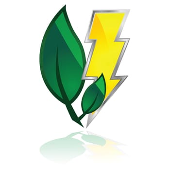 Glossy illustration showing a couple of leaves and a lightning, to represent green power