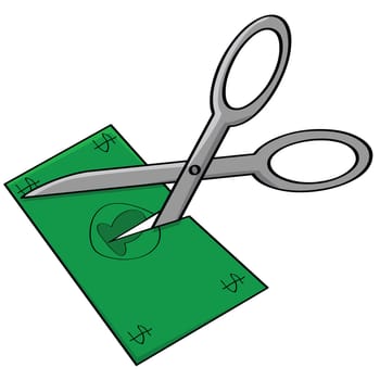 Cartoon illustration showing a generic money bill being cut by a scissor