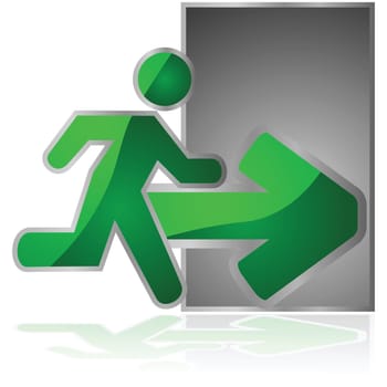 Glossy illustration showing an exit sign with a man running towards a door