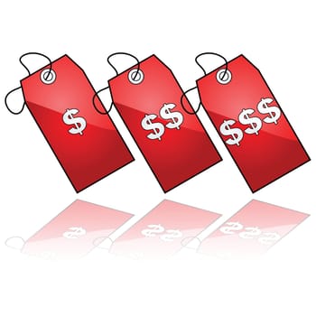 Glossy illustration showing three price tags representing three different price levels, from cheapest to most expensive