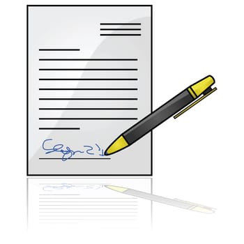 Glossy illustration showing a document with a signature at the bottom