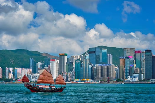 HONG KONG, CHINA - MAY 1, 2018: Hong Kong skyline cityscape downtown skyscrapers over Victoria Harbour in the evening with junk tourist ferry boat on sunset. Hong Kong, China