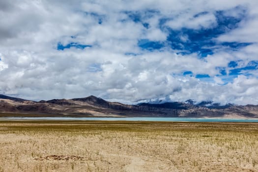 Himalayan scenic landscape scenery near Tso Kar - fluctuating salt lake in Himalayas. Rapshu, Ladakh, Jammu and Kashmir, India