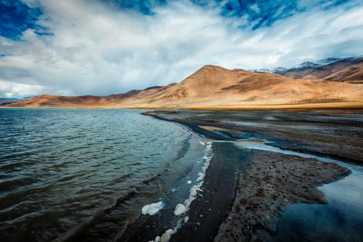 Himalayan scenic landscape scenery near Tso Kar - fluctuating salt lake in Himalayas. Rapshu, Ladakh, Jammu and Kashmir, India