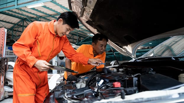 Panoramic banner automotive service mechanic inspect and diagnose car engine issue, repairing and fixing problem in workshop. Technician car care maintenance working on internal components. Oxus