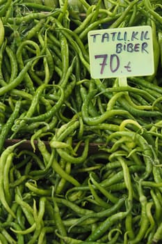 Fresh green pepper on a typical local Turkish grocery store .